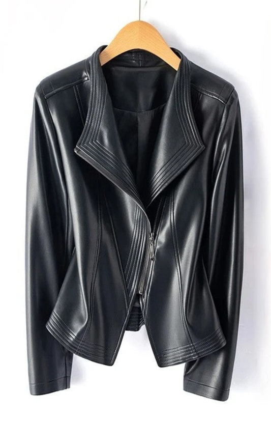 NOIRÉVA – Women’s Leather Jacket with Asymmetrical Zip and V-Collar Design