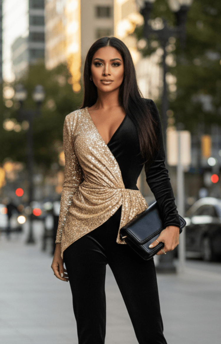 LUNELLE – Deep V-Neck Sequin Jumpsuit with High Waist Slit