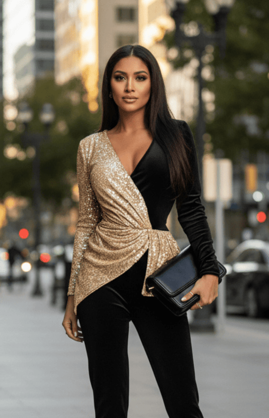 LUNELLE – Deep V-Neck Sequin Jumpsuit with High Waist Slit
