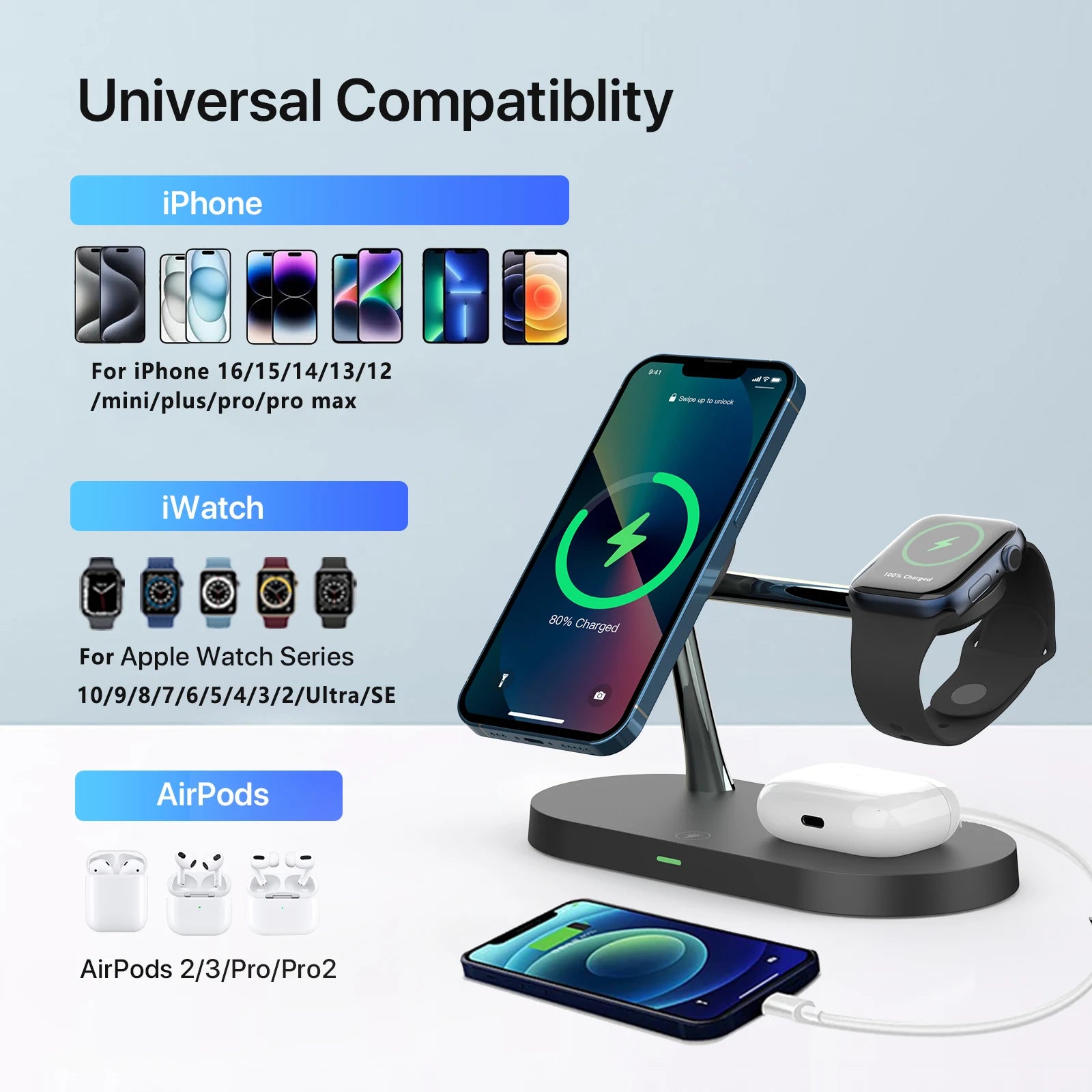 3-in-1 Wireless Charger Stand for iPhone, Apple Watch & AirPods - Fast Charging Magsafe Compatible 2