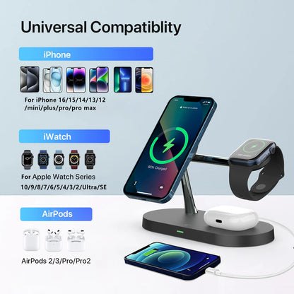 3-in-1 Wireless Charger Stand for iPhone, Apple Watch & AirPods - Fast Charging Magsafe Compatible 2