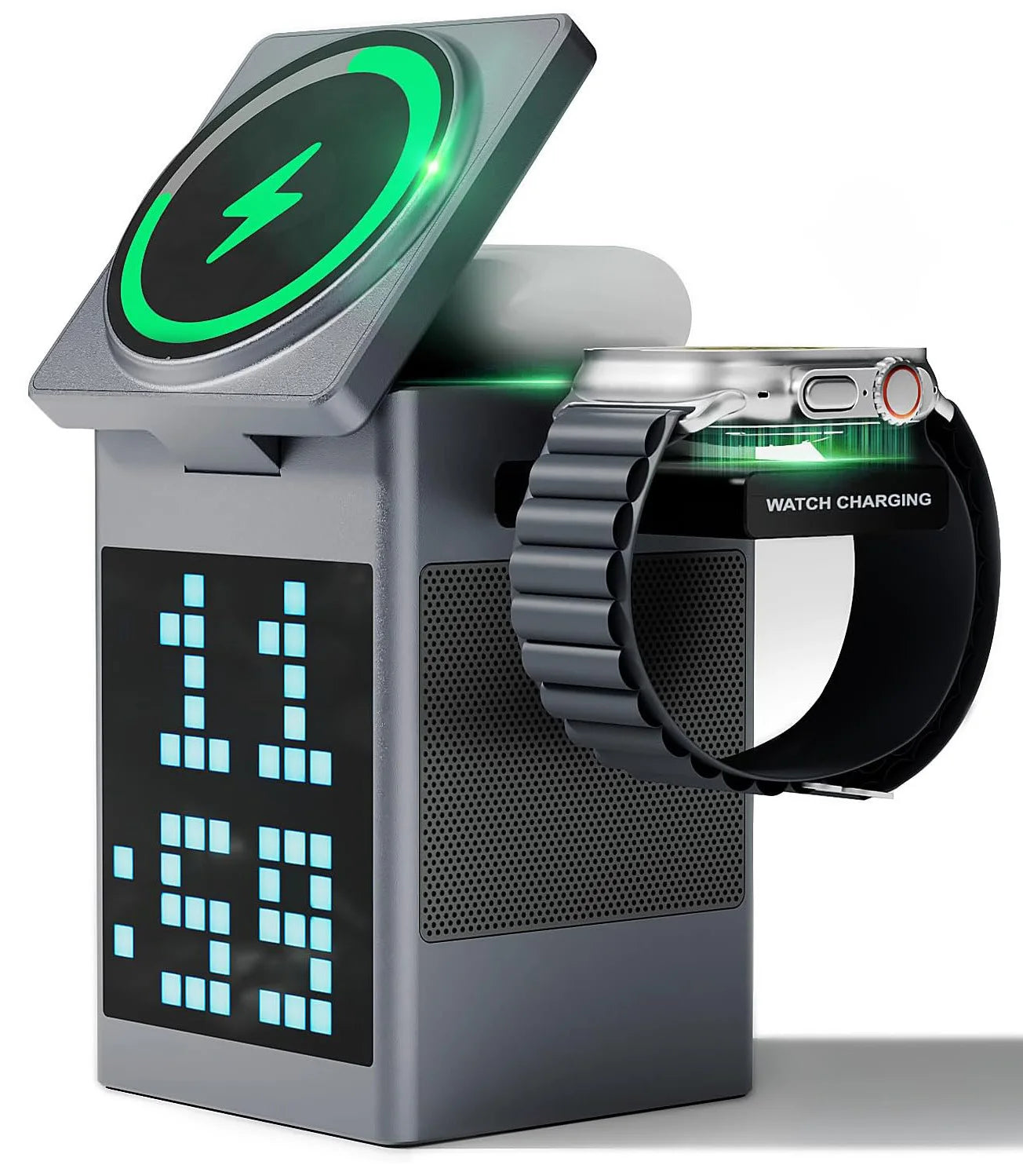 PIXCHARGE – 3-in-1 Wireless Charger with Bluetooth Speaker & LED Clock Display