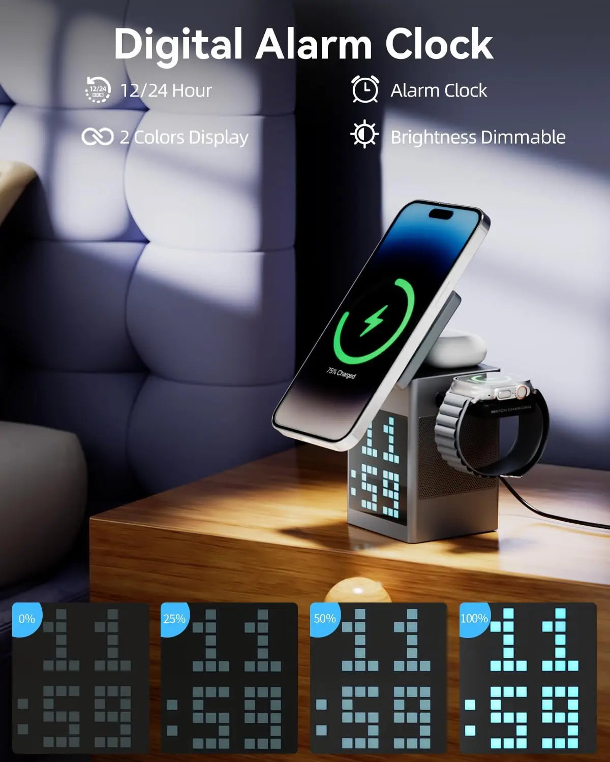 3-in-1 Wireless Charger with Bluetooth Speaker, Digital Clock & Customizable Display 5