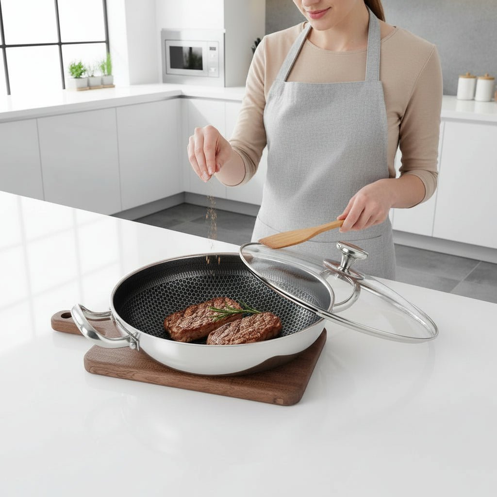 32cm Non-Stick Stainless Steel Frying Pan with Honeycomb Base for Induction & Gas Stoves 0