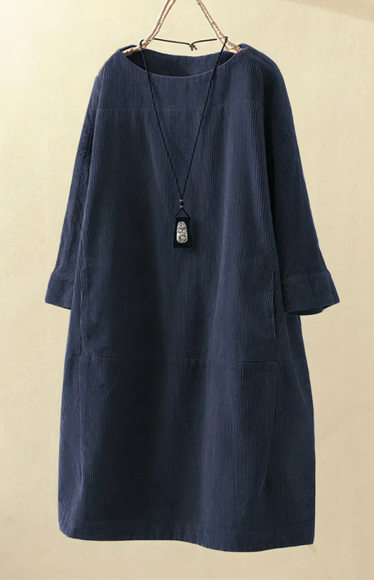 SOFTSTRIDE – Premium Corduroy Texture Midi Dress with Three-Quarter Length Sleeves