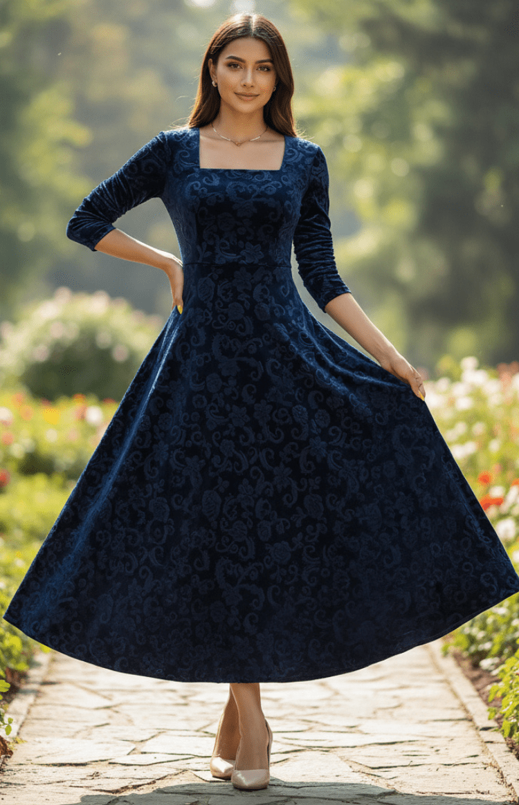 VELORÉA – Elegant floral velvet midi dress with 3/4 sleeves for women