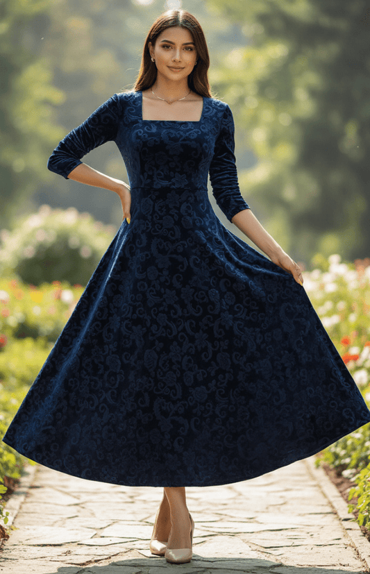 VELORÉA – Elegant floral velvet midi dress with 3/4 sleeves for women