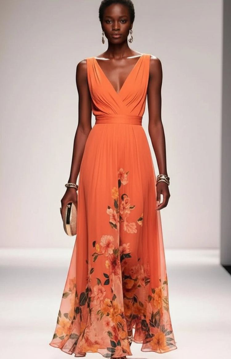 ELORIA – Elegant Floral Chiffon Maxi Dress for Women, Soft Flowing Fit