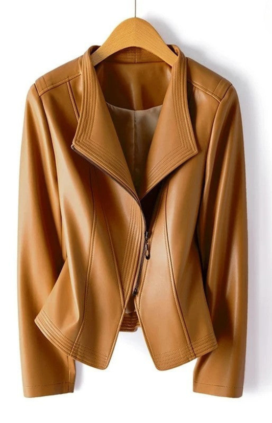 NOIRÉVA – Women’s Leather Jacket with Asymmetrical Zip and V-Collar Design