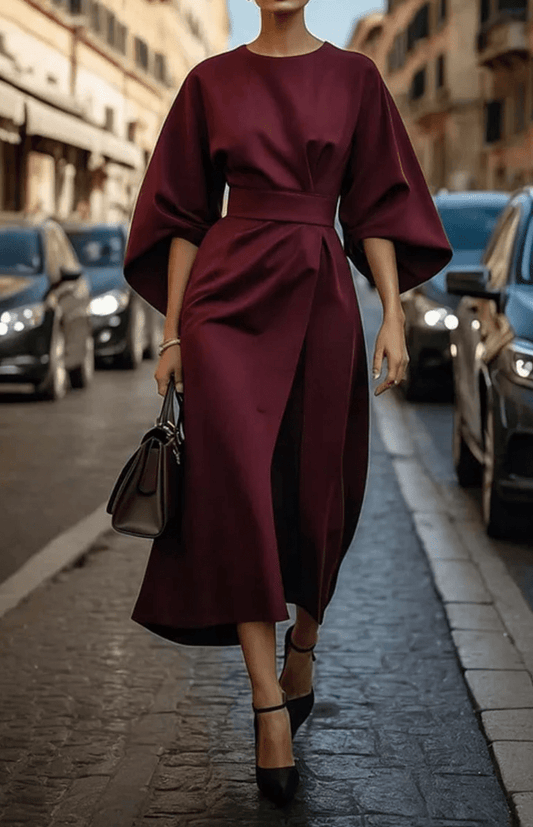 GLAMOURÉ – Elegant Lantern Sleeve Formal Dress with Waist-Cinching Belt Perfect for Weddings and Summer Events