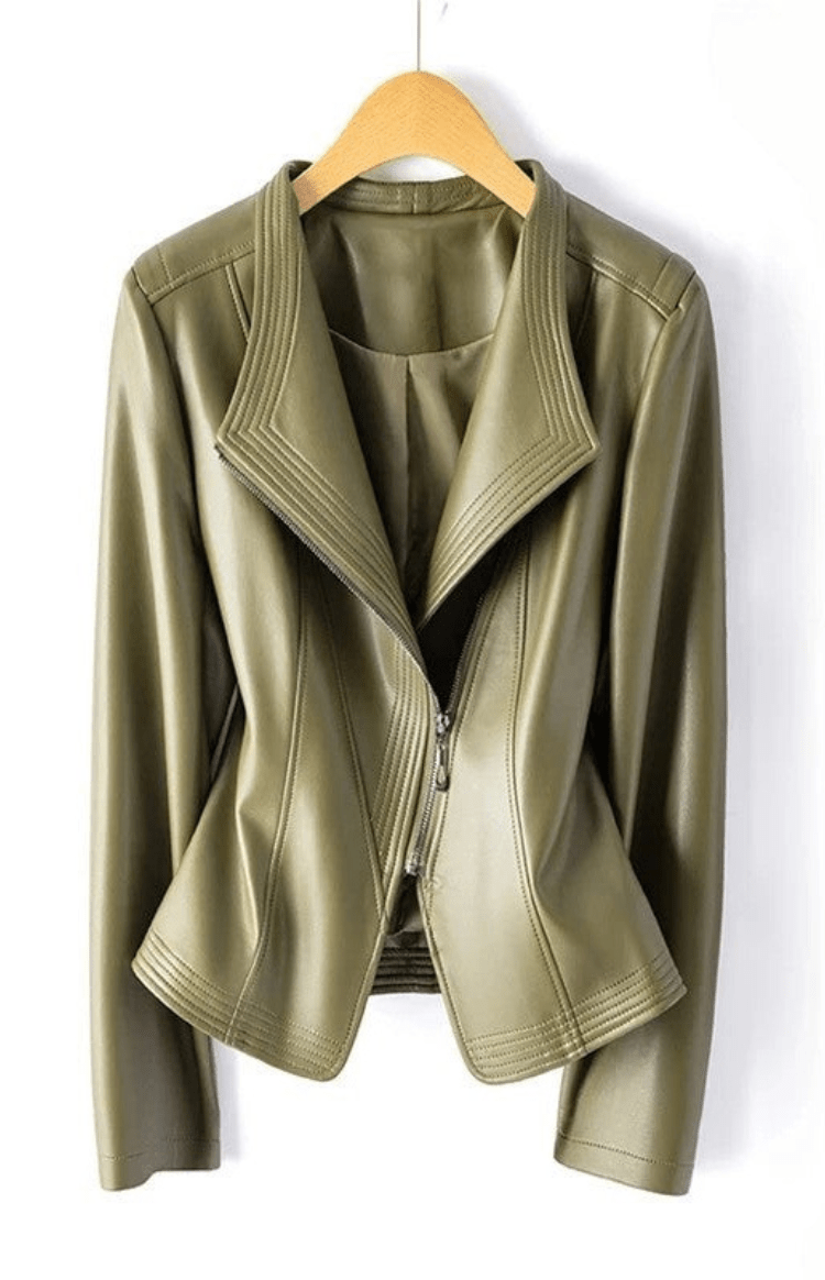 NOIRÉVA – Women’s Leather Jacket with Asymmetrical Zip and V-Collar Design