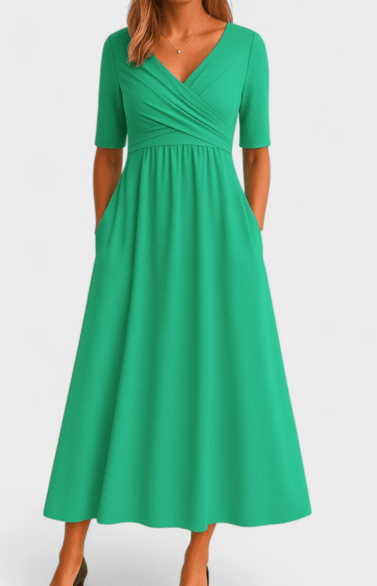 AVANÉ – Chic V-Neck Midi Dress for Elegant Occasions