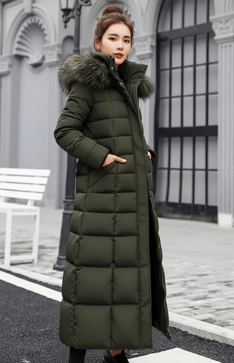 COZYRA – Sleek Long Winter Puffer Jacket with Hood for Women | Warm & Stylish