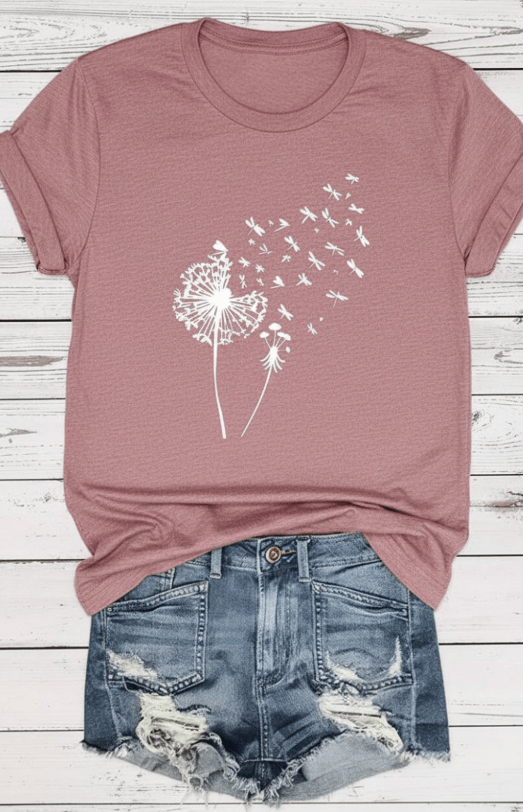 ZORELLA – Dandelion Print Crew Neck T-Shirt in Soft Cotton