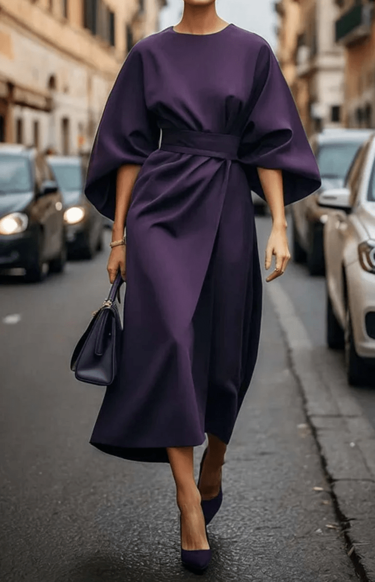 GLAMOURÉ – Elegant Lantern Sleeve Formal Dress with Waist-Cinching Belt Perfect for Weddings and Summer Events