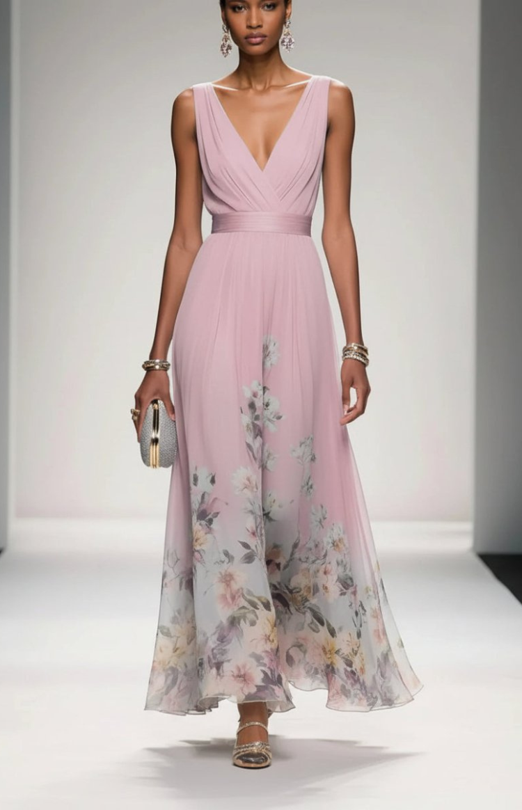 ELORIA – Elegant Floral Chiffon Maxi Dress for Women, Soft Flowing Fit