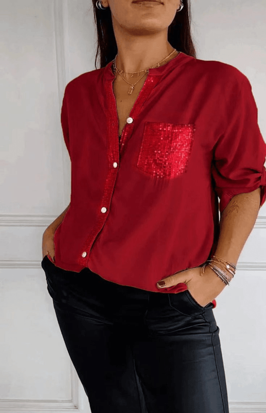 RAVINA – Soft Glitter Roll-Sleeve Blouse