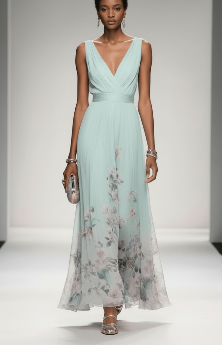 ELORIA – Elegant Floral Chiffon Maxi Dress for Women, Soft Flowing Fit