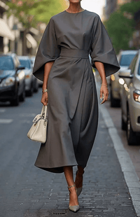 GLAMOURÉ – Elegant Lantern Sleeve Formal Dress with Waist-Cinching Belt Perfect for Weddings and Summer Events