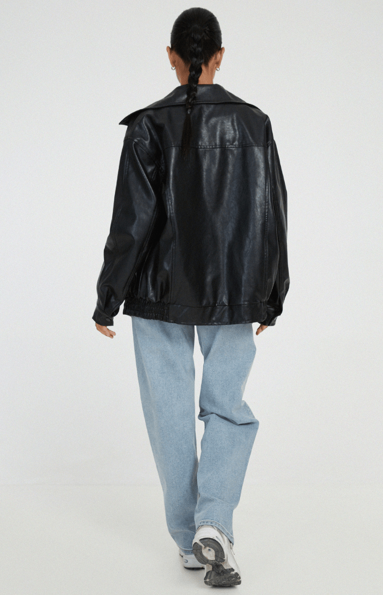 URBANELLE – Stylish Oversized Leather Jacket for Women, Edgy Bomber Design with Zipper Closure