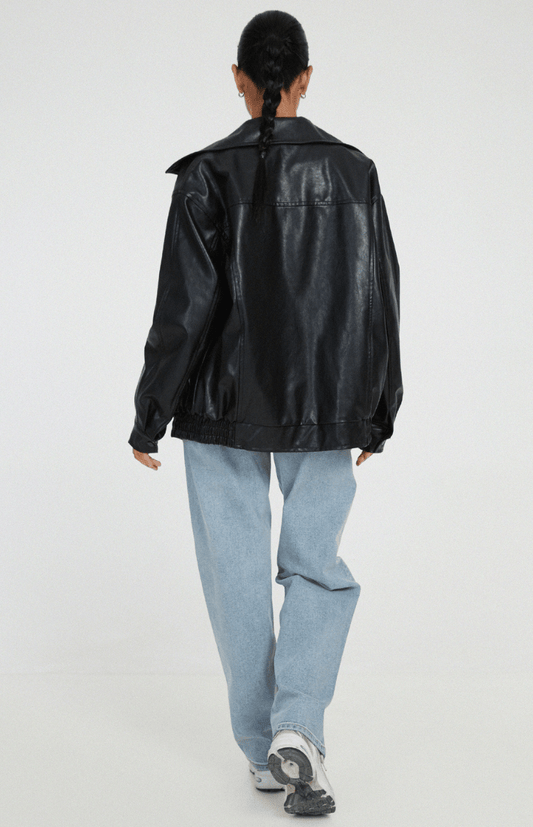 URBANELLE – Stylish Oversized Leather Jacket for Women, Edgy Bomber Design with Zipper Closure