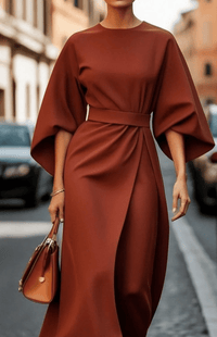 GLAMOURÉ – Elegant Lantern Sleeve Formal Dress with Waist-Cinching Belt Perfect for Weddings and Summer Events