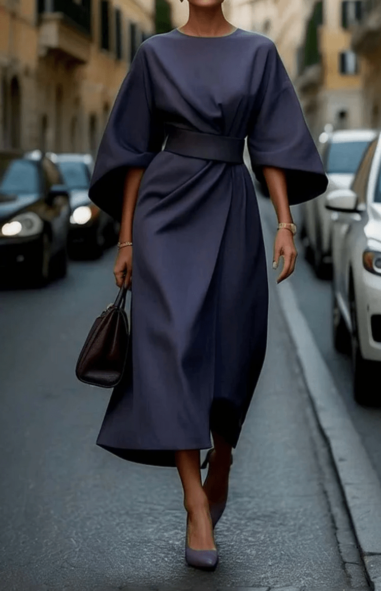 GLAMOURÉ – Elegant Lantern Sleeve Formal Dress with Waist-Cinching Belt Perfect for Weddings and Summer Events