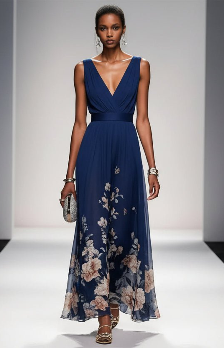 ELORIA – Elegant Floral Chiffon Maxi Dress for Women, Soft Flowing Fit