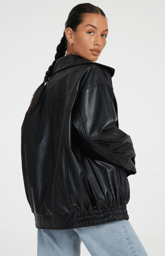 URBANELLE – Stylish Oversized Leather Jacket for Women, Edgy Bomber Design with Zipper Closure