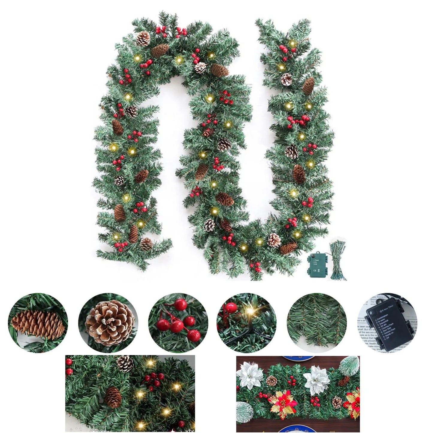 9ft Prelit Christmas Garland with 50 Warm Lights & Timer for Indoor/Outdoor Decor 0