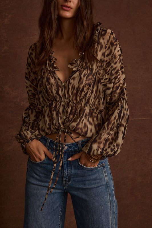 Alba - Leopard Print Long Sleeve Blouse with Ruffle Details for Women 2
