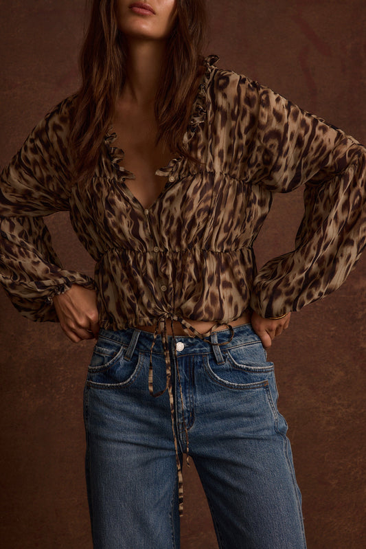 Alba - Leopard Print Long Sleeve Blouse with Ruffle Details for Women 4