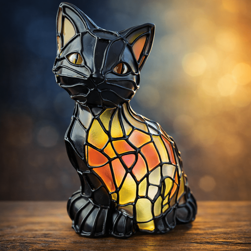 Artistic Cat Table Lamp - Tiffany-Style Stained Resin with Warm Amber Glow 0