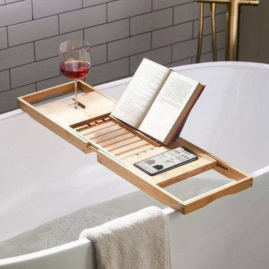 Aurevo - Extendable Bamboo Bathtub Shelf with Wine Glass & Book Holder 0