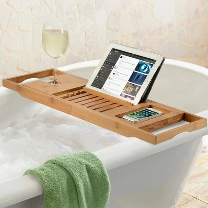 Aurevo - Extendable Bamboo Bathtub Shelf with Wine Glass & Book Holder 4