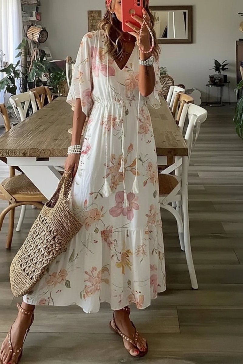 Bettina - Women's Bohemian Summer Maxi Dress with V-Neck & Adjustable Waistband 0