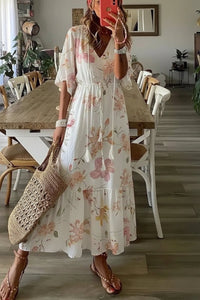 Bettina - Women's Bohemian Summer Maxi Dress with V-Neck & Adjustable Waistband 0