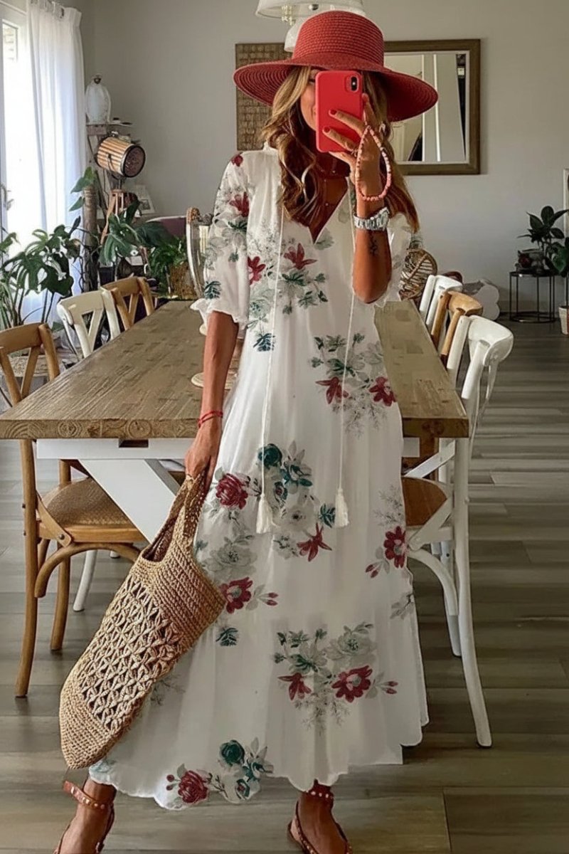 Bettina - Women's Bohemian Summer Maxi Dress with V-Neck & Adjustable Waistband 7