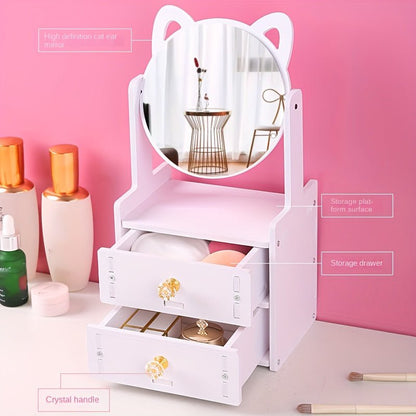 Charming Cat Ear Vanity Mirror with 360° Rotation and Built-in Storage Drawer 3