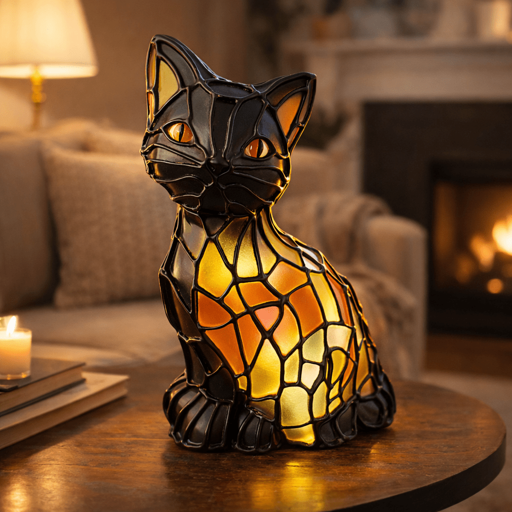 LUMICAT – Artistic Tiffany-Style Cat Table Lamp with Warm Amber Glow
