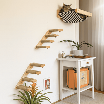 PINEPAWS – Wall-mounted cat climbing shelves with natural wood & soft fabric
