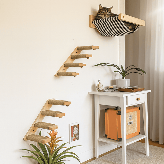 PINEPAWS – Wall-mounted cat climbing shelves with natural wood & soft fabric