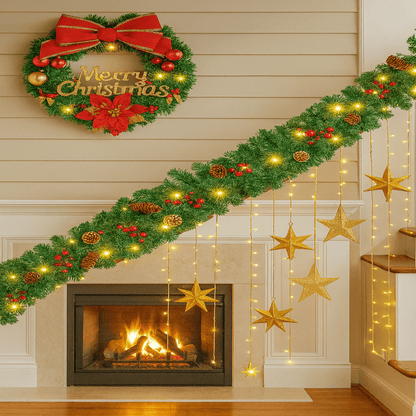 PINE SHINE – 9FT Prelit Christmas Garland with 50 Warm LED Lights & Timer