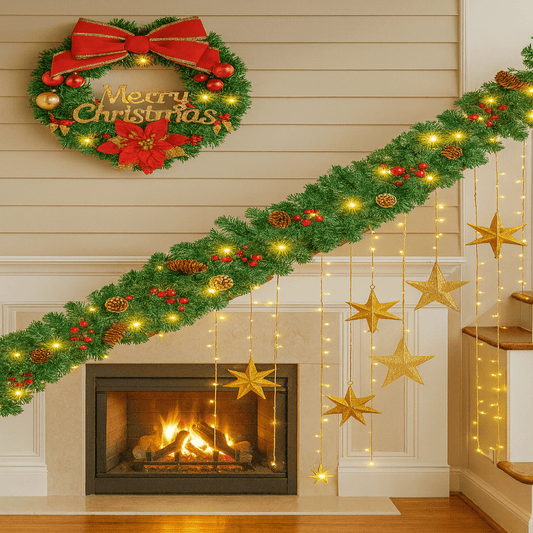 PINE SHINE – 9FT Prelit Christmas Garland with 50 Warm LED Lights & Timer