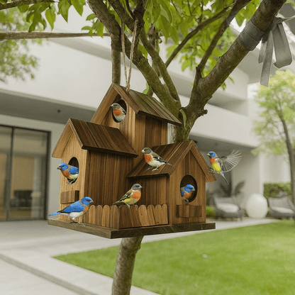 FORESTDWELL – Rustic Wooden Birdhouse with Multi-Chamber Outdoor Nesting Home