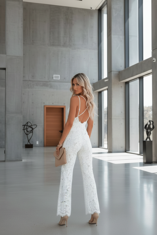Chic Sleeveless Jumpsuit with Elegant Lace Pattern - Flattering V-Neck & Wide-Leg Design 2