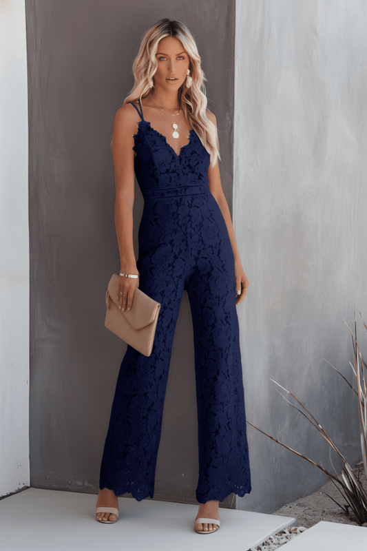 Chic Sleeveless Jumpsuit with Elegant Lace Pattern - Flattering V-Neck & Wide-Leg Design 4