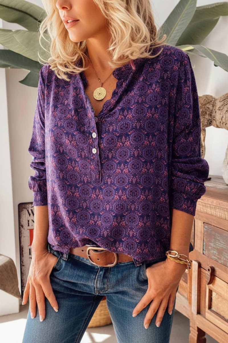 STYLVINT – Chic Long Sleeve Blouse with Artistic Vintage Print and Easy Fit