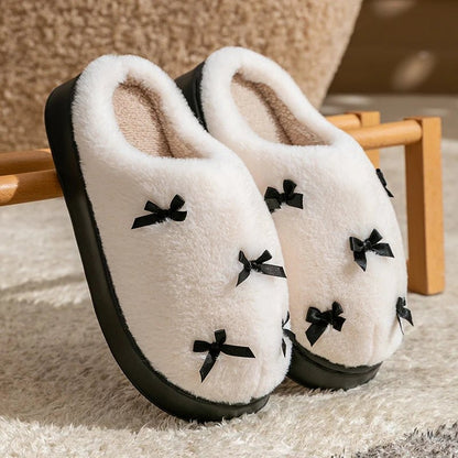 Cozy Bow Slippers for Women - Plush Soft Sole Indoor Slides with Non-Slip Design 0