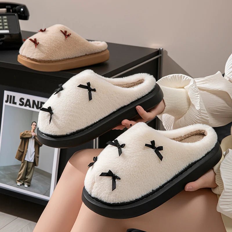Cozy Bow Slippers for Women - Plush Soft Sole Indoor Slides with Non-Slip Design 2